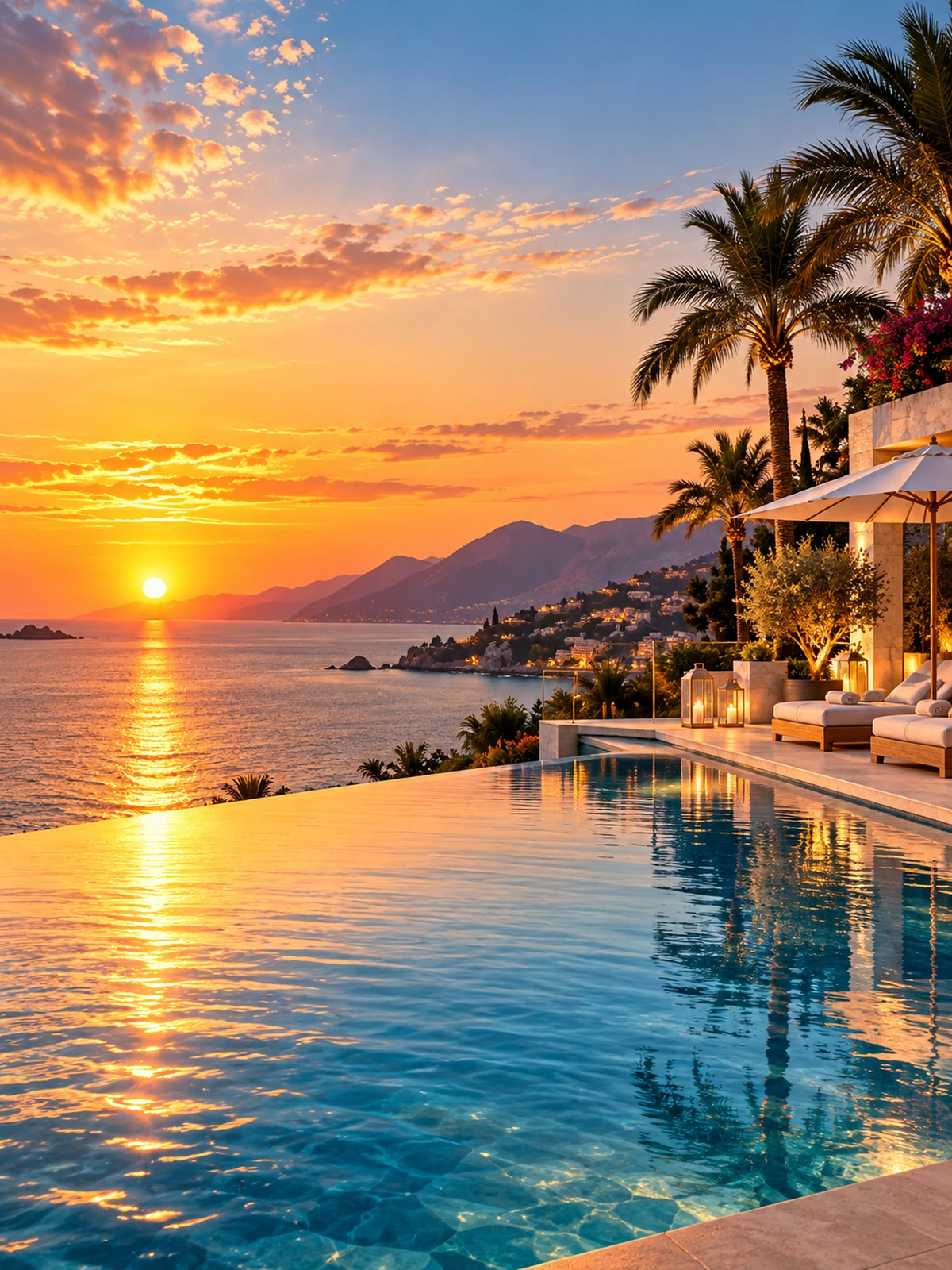 Paesaggio di resort sul mare al tramonto